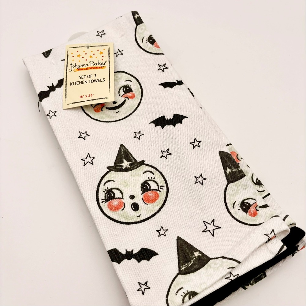 Johanna Parker Halloween Kitchen Towels Set of 3 Laughing Luna Moon Bats Stars